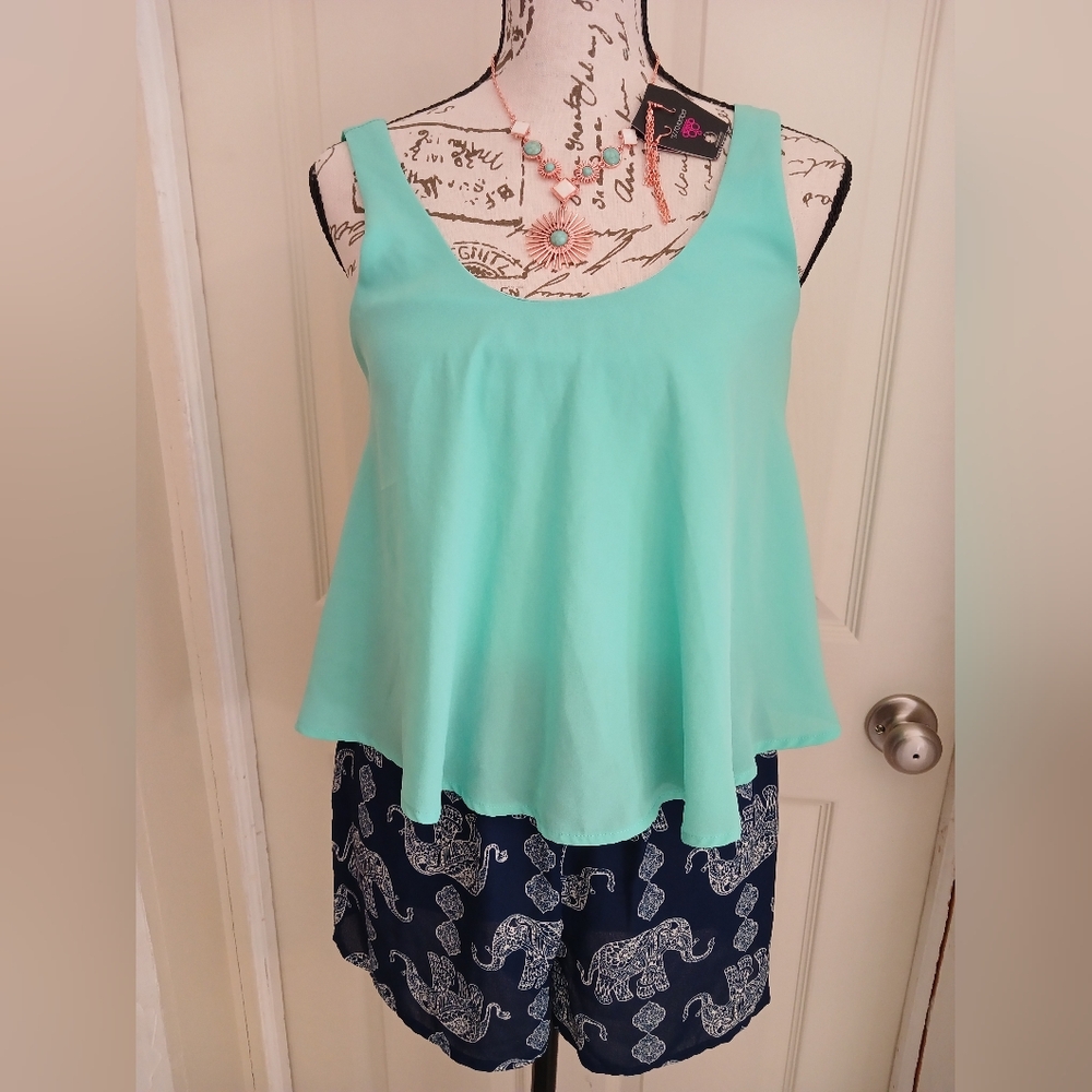 5/$25 Love Blossom Mint Green Tank Top and Navy Elephant Short Romper Set
